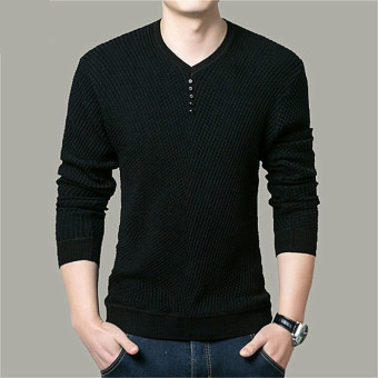 Men's Casual Brand Solid Color V Neck Wool Long Sleeve Sweater (Black) - intl  