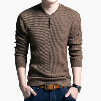 Men's Casual Brand Solid Color V Neck Wool Long Sleeve Sweater (Khaki) - intl  