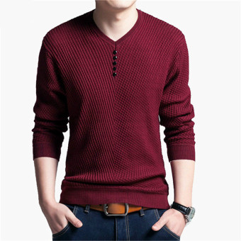 Men's Casual Brand Solid Color V Neck Wool Long Sleeve Sweater (Red) - intl  