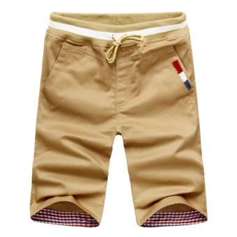 Men's Casual Drawstring Shorts with Contrast Plaid Hem (Khaki) - intl  