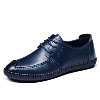 Men's Casual Leather Shoes British Style Low Cut Breathable Shoes Vogue Breathable Leather Shoes (Blue)  