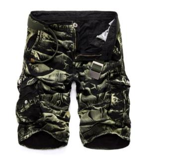 Mens Casual Slim Fit Cotton Solid Multi-Pocket Cargo Camouflage Shorts(Black/Green Camou) - intl  