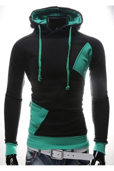 Mens Fashion Hit Color Stitching Casual Hooded Fleece Sweater (Black / Green)  