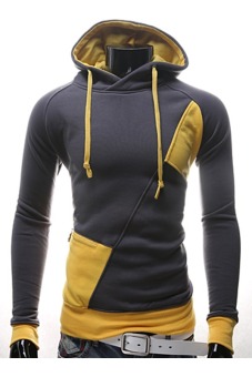 Mens Fashion Hit Color Stitching Casual Hooded Fleece Sweater (Lron Gray / Yellow)  