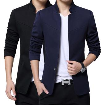 Men's Korean style Slim Fit Mandarin Collar Suit Jacket Male Brand Casual Cotton Suit Blazer Coat Outwear-Black - intl  