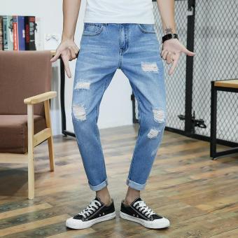 Men's Mid-waisted Slim Full Length Harem Pants Korean Jeans With Hole - intl  