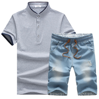 Men's new fashion slim Short-Sleeved POLO shirt with denim pants(GRAY AND LIGHT BLUE)   