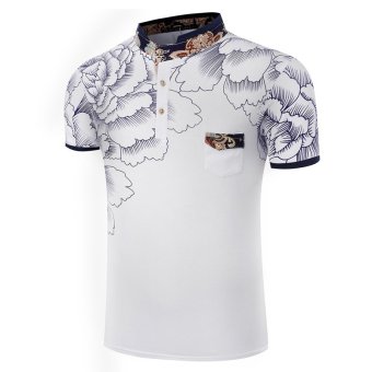 Men's new fashion slim Short-Sleeved shirt with floral printed(WHITE)    