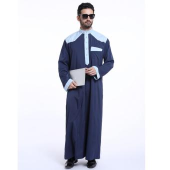 Men's short sleeve robe collar Hui Muslim Islamic Middle East Mens Jubah Navy Blue - intl  