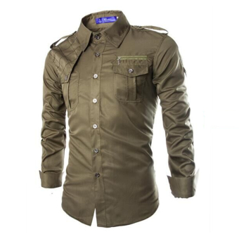 Men's Slim Fit Long Sleeve Pockets Military Style Design Casual Shirt (Army green)  