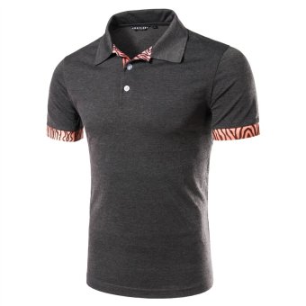 Men's summer new casual striped lapel stitching short-sleeved T-shirt POLO shirt Dark grey  
