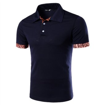 Men's summer new casual striped lapel stitching short-sleeved T-shirt POLO shirt Navy  