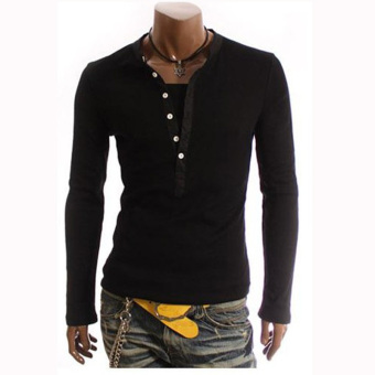 Men's T-Shirts Cotton Leisure Slim Long Sleeve V Neck T Shirts (Black)  