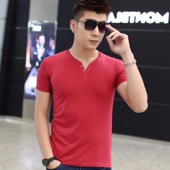 Men's Tops Tees Summer New Cotton V-Neck Short Sleeve T Shirt Men Fashion Slim Fit Basic Tee Trends T-shirt (Red) - Intl - Intl  