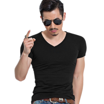 Men's V-neck T-shirt Short Sleeve Casual Summer Under Shirt Fitness Tops Tees Black  