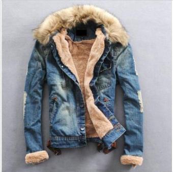 Men's Winter Warm Fur Collar Denim Jacket Fleece Thick Jean Coat Outwear Parka - Intl  