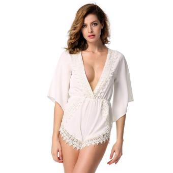 MG Deep V-neck Irregular Lace Floral Trim Romper Jumpsuit (White) - intl  