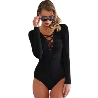 Mg Sexy V Neck Bondage Hollow Stretch Solid Bodysuit Black Intl Mg Sexy V Neck Bondage Hollow Stretch Solid Bodysuit Black Intl