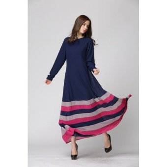 Mixing Color Striped Long Sleeve Muslim Maxi Dress (Navy blue)  