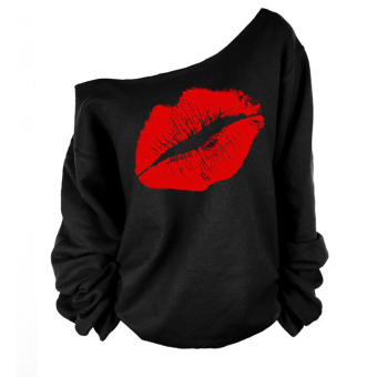 Moonar Fashion Women Red Lip Pattern Sexy Oblique Shoulder Long Sleeve Blouse T-shirt S-XL (Black&Red)  