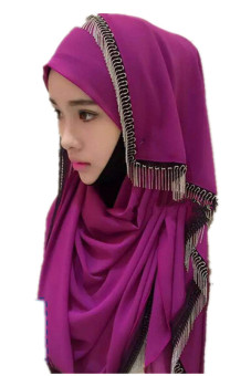Muslim Cap Hijab Hat Headscarf Chiffon Scarf Fringed Turban Scarf for Women(Rose red)  