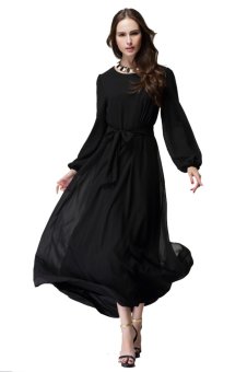 Muslim Ethnic Costumes Lady Robe Long Sleeve Dress Caftan WomenClothing Black  
