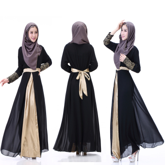 Muslim Gown Ms Robe Chiffon Hui Muslim Gown Stitching Long-sleeved Dress Black  