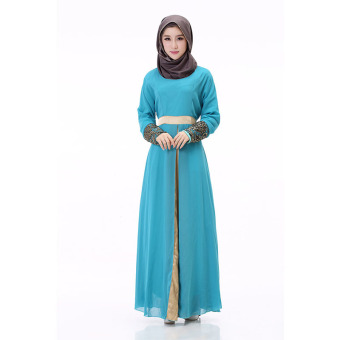 Muslim Gown Ms Robe Chiffon Hui Muslim Gown Stitching Long-sleeved Dress (Sky Blue) - intl  