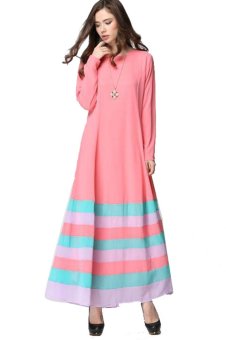 Muslim Islam Ethnic Costumes Lady Robe Long Sleeve Splicing DressWomen Clothing Pink  
