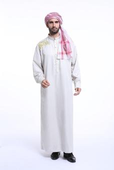 Muslim men long sleeve robe Jubahs Arab Middle East men clothes chest embroidery - silvery gray - intl  