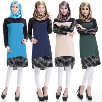 Muslim Plaid Splicing Long Sleeves Short Paragraph Dresses(Color:Rice) - intl  