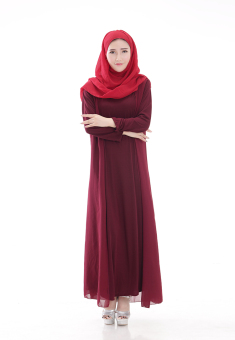 Muslim Robes Sunday Clothes New Women's Fashion Long-sleeved Chiffon Dress (Wine Red) - Intl  