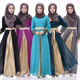 Muslim Women Abaya Dress Chiffon O-Neck Long Sleeve Floor-Length Islamic Kaftan Womens Clothing (Black)  