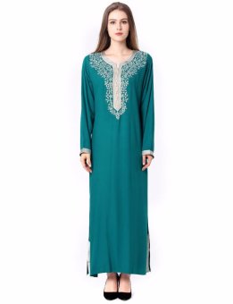 Muslim women Long sleeve Dubai Dress islamic women dress clothing robe kaftan Moroccan fashion embroidey (green) - intl  