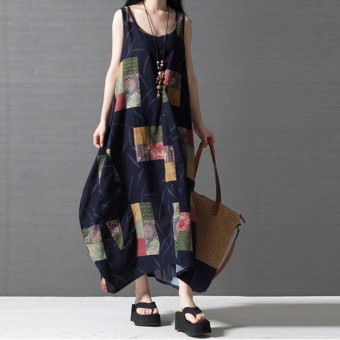 New Arrival Vestidos Summer Women Vintage Print Dress O Neck Lantern Sleeveless Long Maxi Dresses Loose Casual Dress (Blue) - intl  