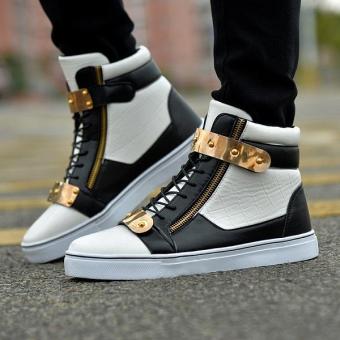 New Couple Men's & Women's High Top Leather Shoes Bright Iron Zip 2017 Breathable Sneakers Size36-44 White&Black - intl  