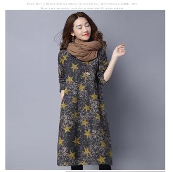 New Design Retro Folk Style Dress Art Wind Printing Cotton Linen Loose Thick Long Sleeved Female Women Dress - Intl  