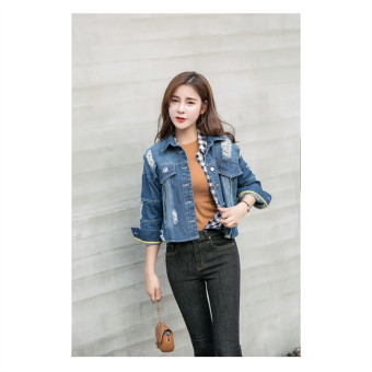 New Fashion 2017 Spring Autumn Women Denim Jacket Coat Casual Hollow Out Holes Zipper Jeans Coat Tops Denim Outwear for Female - Intl  