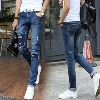 New Fashion Men Patch Jeans Slim Fashion Jeans Leisure Long Pants Loose Teens Street Trousers - intl  
