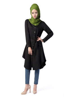 New Fashion Muslim Wear Long-sleeve Blouse Loose-fit Top With Belt Black  