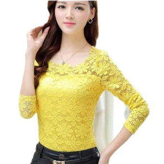 New Fashion Wanita Renda Rajutan Blus Berlengan Panjang Renda Puncak Ukuran Lebih M-5XL Kuning  