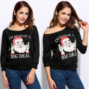 New Fashion Women Casual Oblique Collar Long Sleeve Christmas Prints One Shoulder Pullover Sweatshirts - intl  