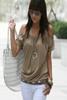 New Fashion Women Sexy Casual Round Neck Off Shoulder Short Sleeve Solid T-Shirt-khaki-M  