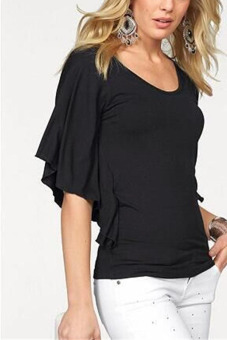 New Fashion Women SexyLace Stitching T-shirt Jacket Casual All-match Milk Silk Sleeves Tops Ruffle Sleeve Blouse Shirt Black - intl  