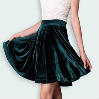 New Hot Women High Waist Skater Velvet Mini Skirt Plain Flared Pleated C579 Green - intl  