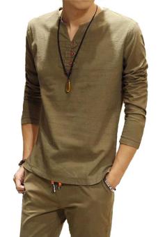 New Korea Style Mens Autumn Clothing V-neck Long Sleeve T-Shirts Fashion Slim Casual Men Tops(Army green) - Intl  