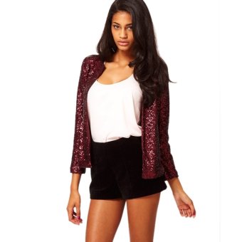 New Lady Women Fashion Long Sleeve O-Neck Sequins Button Casual Short Coat-wine red-S - Intl  