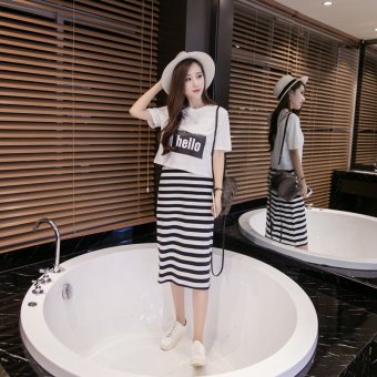 new Loose thin neck short sleeve letters printing Tshirt and striped dress two piece - intl  