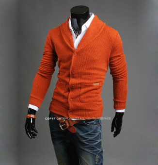 New Men's Fashion V-neck Slim Cardigan Sweater Casual Long Sleeves Knitwear Clothing (Orange) - intl  