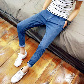 New Men's Korean Long Straight Casual Trousers Denim Pants Slim Fit  Jeans -blue  